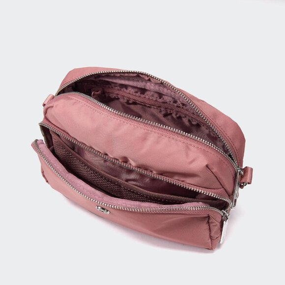 Mauve pink water-resistant nylon crossbody bag with zipper, adjustable strap, fi - Picture 2 of 5